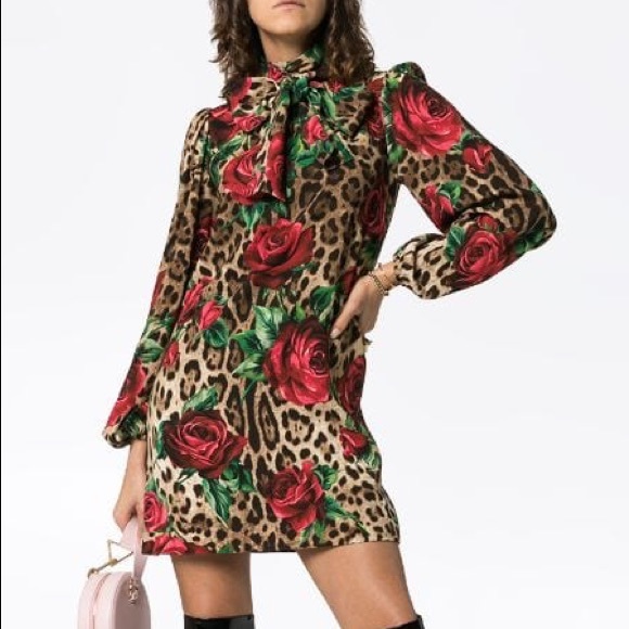 Dolce & Gabbana Dresses & Skirts - Dolce & Gabbana Leopard & Rose tie neck dress